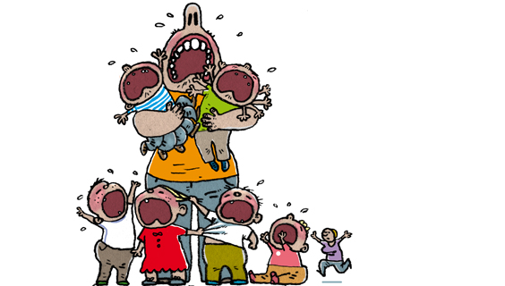 Tegning af en dagplejer med favnen fuld af grædende børn. En kollega kommer ilende til hjælp.